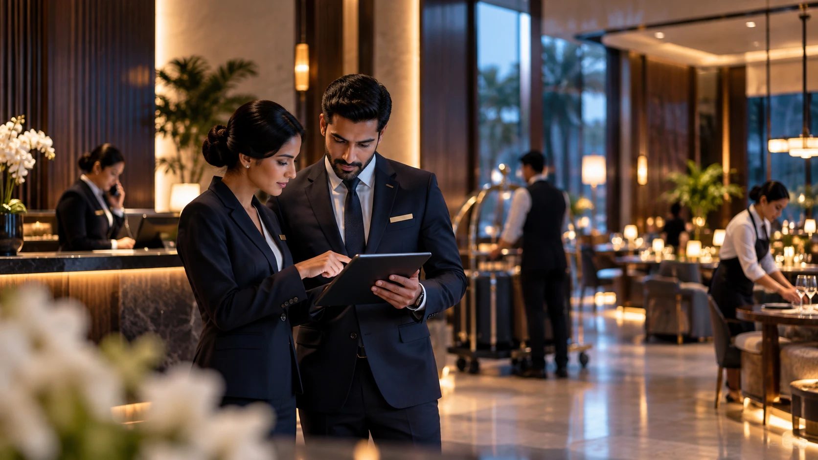 Two hospitality professionals standing in a hotel lobby, reviewing information together on a tablet while the desk and restaurant work continues behind them.