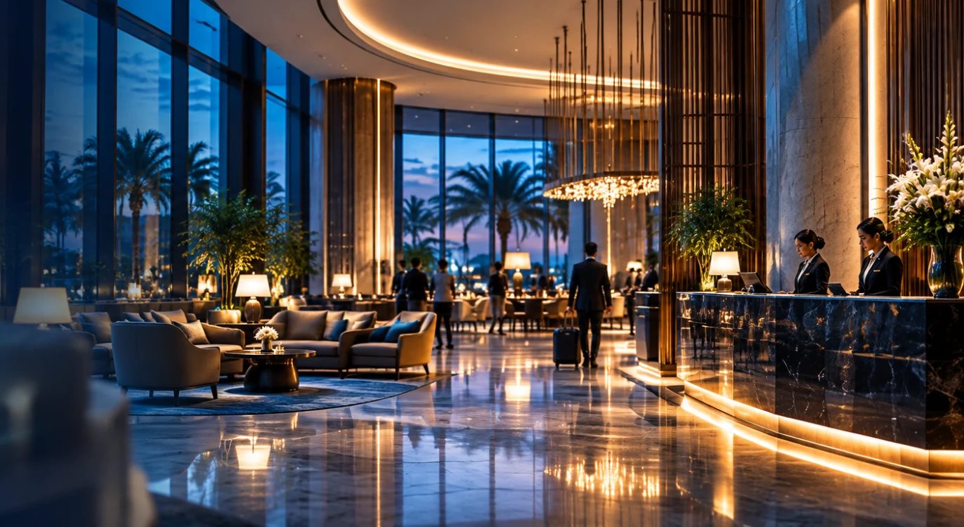 An elegant hotel lobby at dusk: full-height windows onto palms, lounge seating, a lit reception desk and staff at work — the kind of business environment MedhaSofts designs technology around.