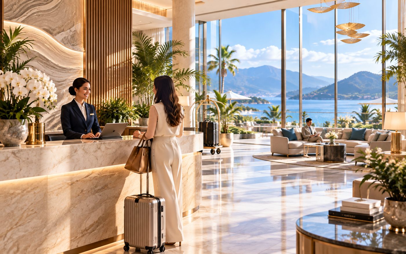 A guest checking in at a hotel reception desk while a receptionist works at a screen.