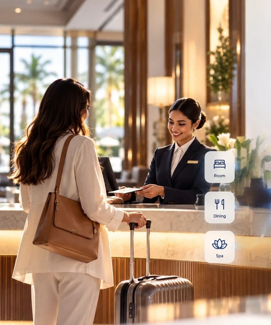 A guest with luggage checking out at a hotel reception desk while a receptionist hands back a travel document, with room, dining and spa labels connected beside them.