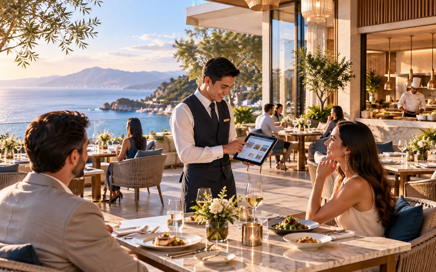 A waiter presenting a tablet to two diners at a restaurant table overlooking the sea.