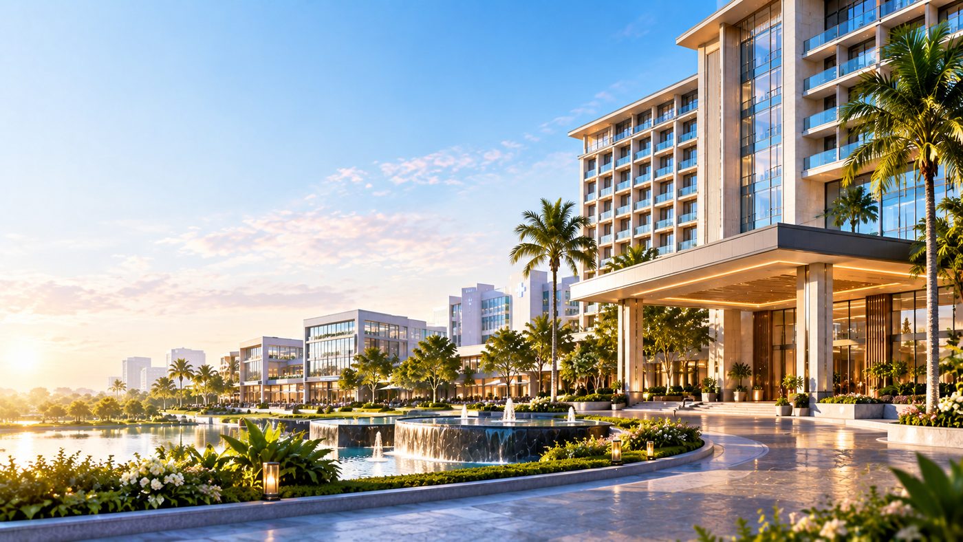 A large resort beside landscaped water gardens, seen at sunrise with palms in the foreground.