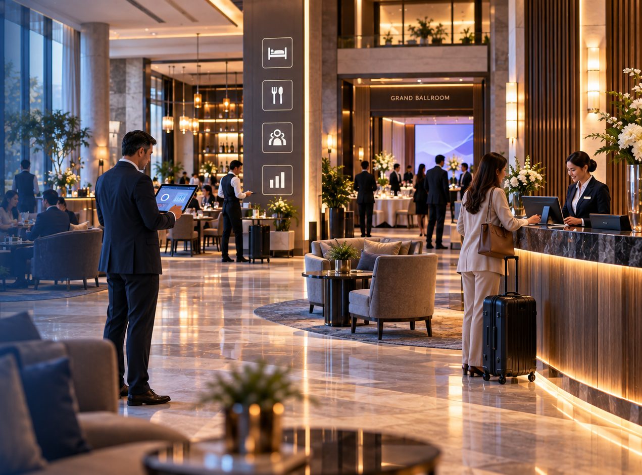 A hotel lobby in the evening with guests at reception and colleagues working from a tablet nearby.