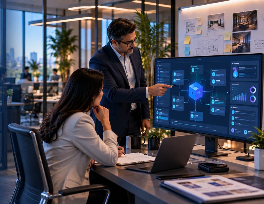 Two colleagues at a wall screen showing a linked systems diagram, one pointing at a node.