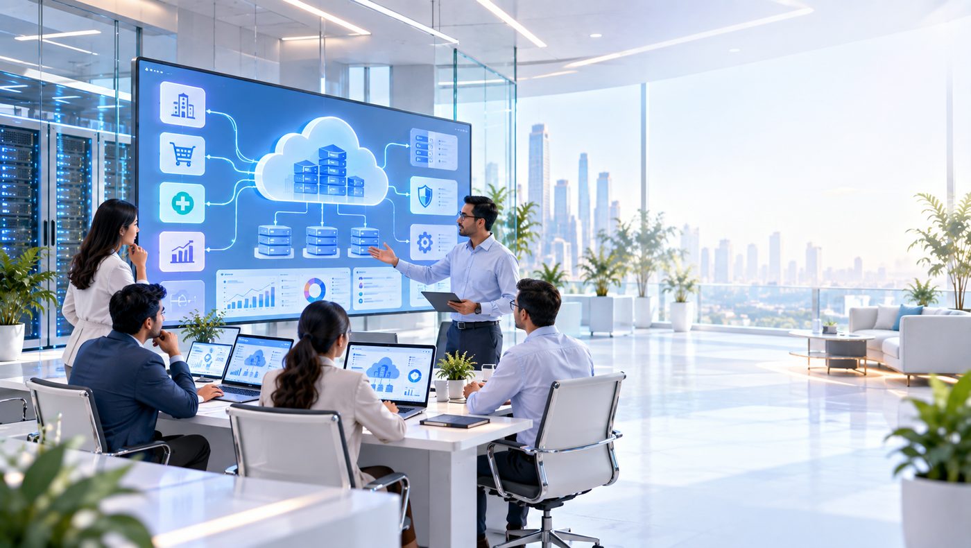 Four colleagues at a meeting table facing a wall screen that shows a cloud architecture diagram.