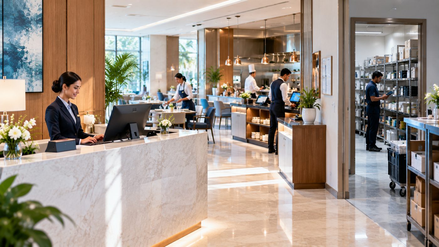 A hotel ground floor seen in one view: reception, a restaurant counter and a lounge beyond.