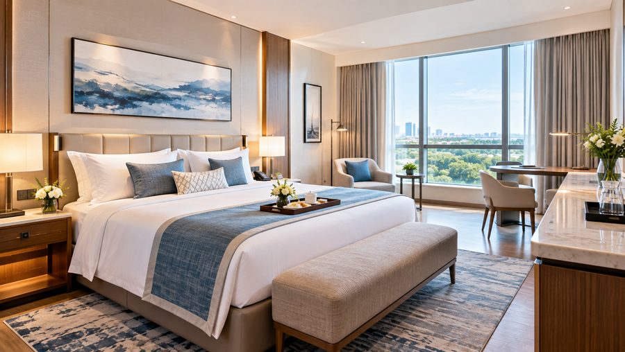 A made-up hotel guest room with a desk, armchair and a park view through a wide window.