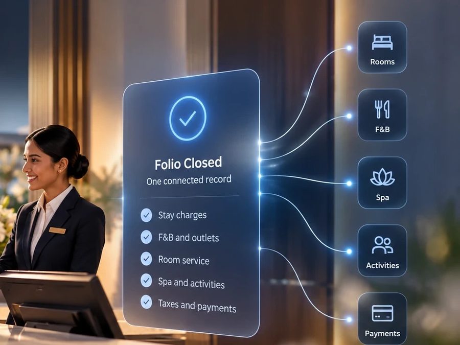 A receptionist at a hotel front desk beside a summary panel reading Folio Closed, with the charges from across a stay listed and connected to it.