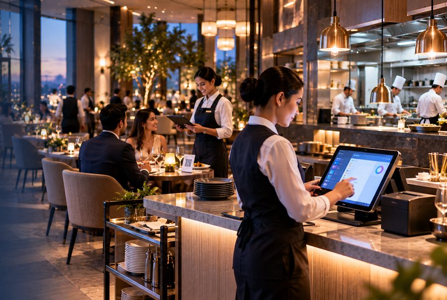 A member of restaurant staff entering an order on a touchscreen point-of-sale terminal at a service counter.